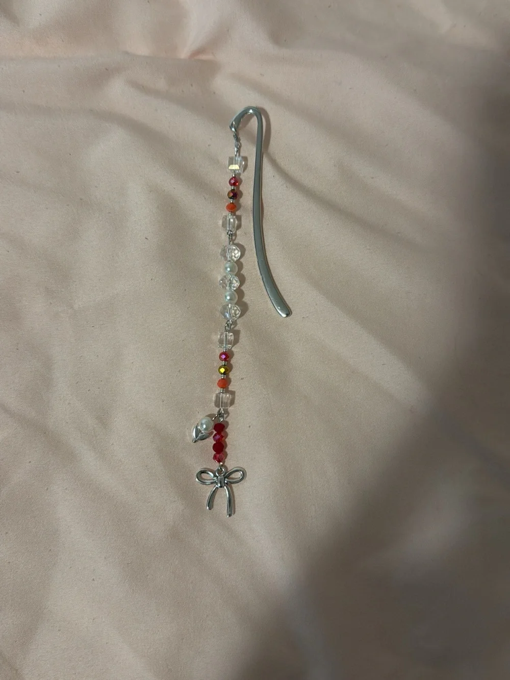 Silver Bow Beaded Bookmark with Red and Clear Accents